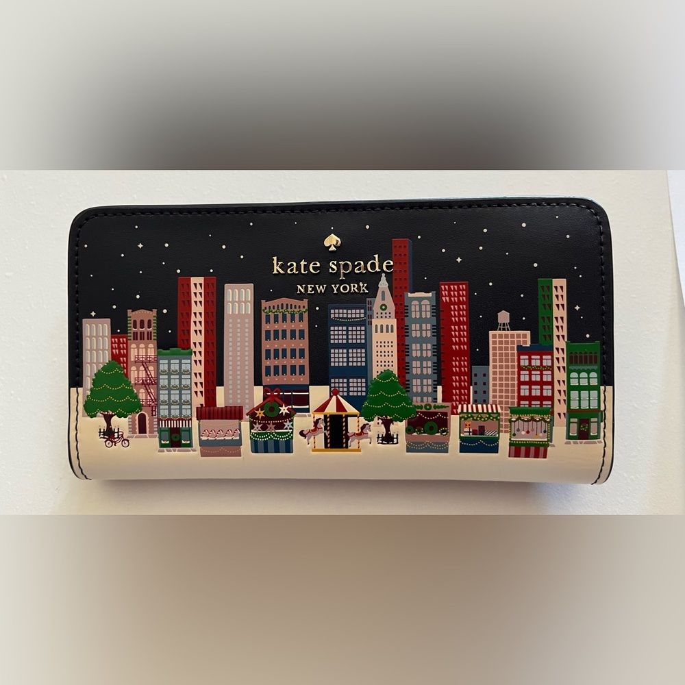 New Kate Spade winter large slim bifold wallet winter scenery, navy leather rare